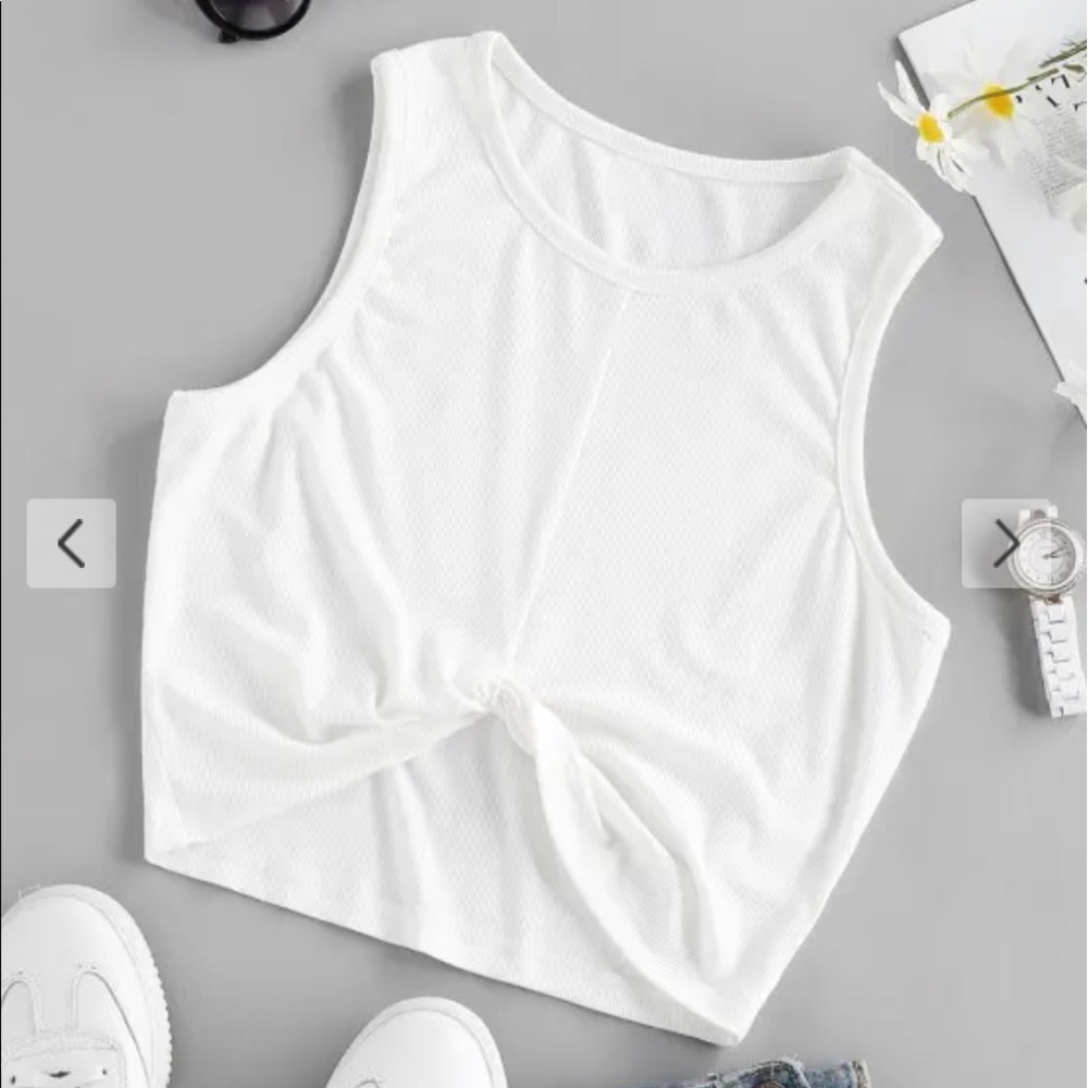 White Ribbed Twist Crop Tank Top
